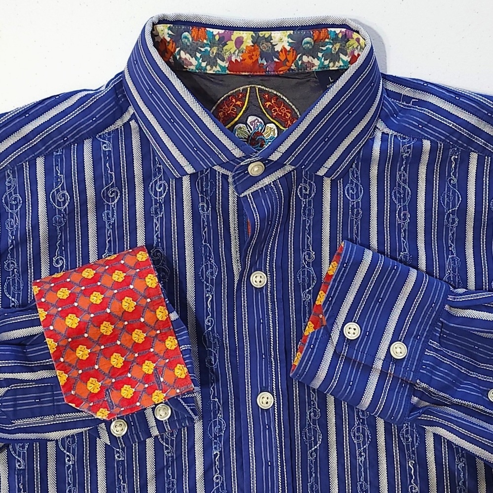 Robert Graham Button Up Flip Cuff Shirt Mens Large Blue Striped Embroidered